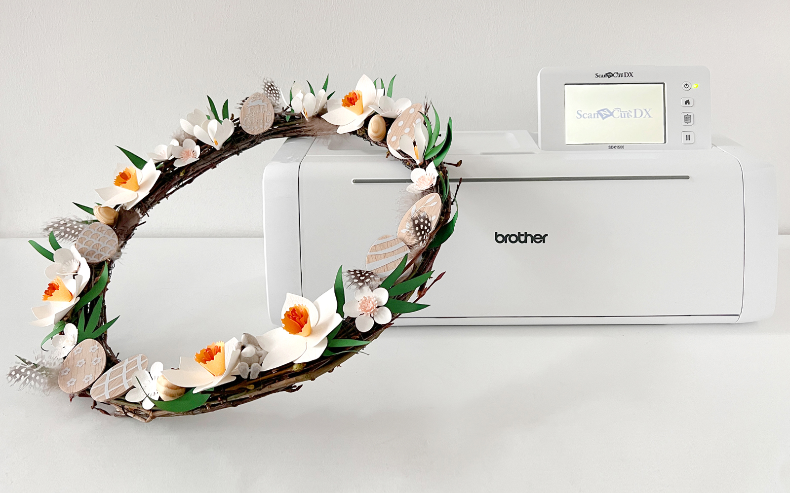 white papercraft floral Easter wreath on Brother ScanNCut