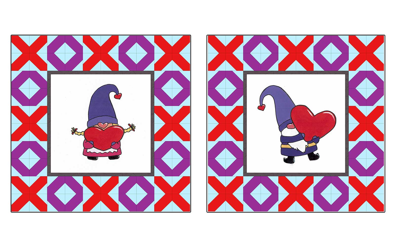 Diagrams of layout of love gnome cushions