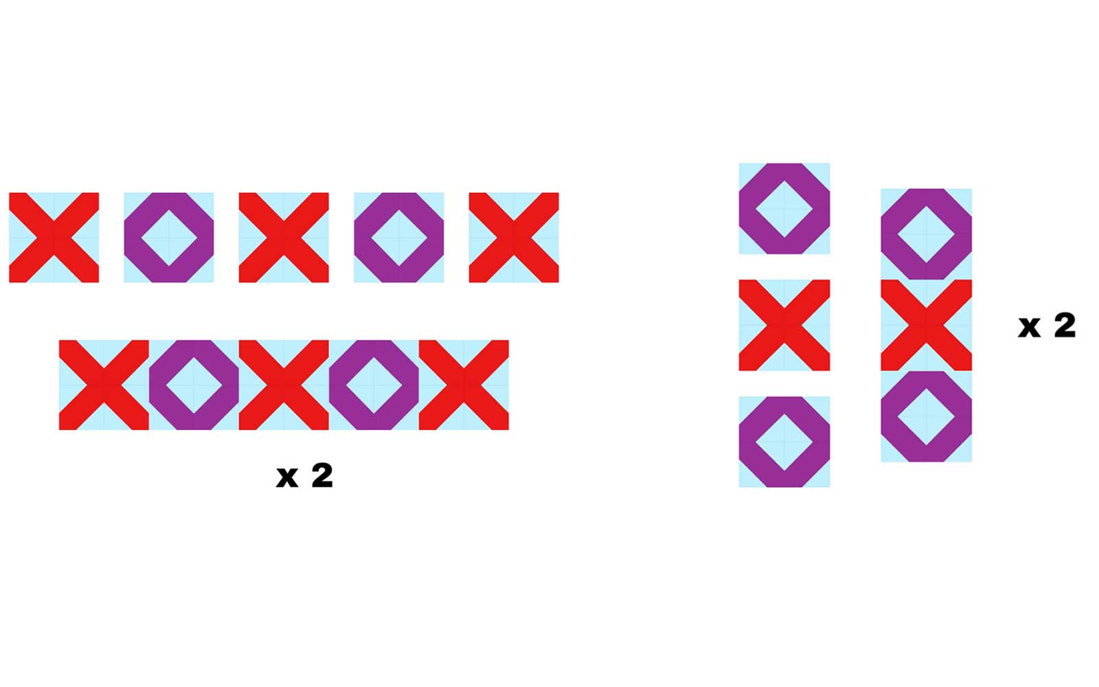 Diagram showing assembly of X and O blocks