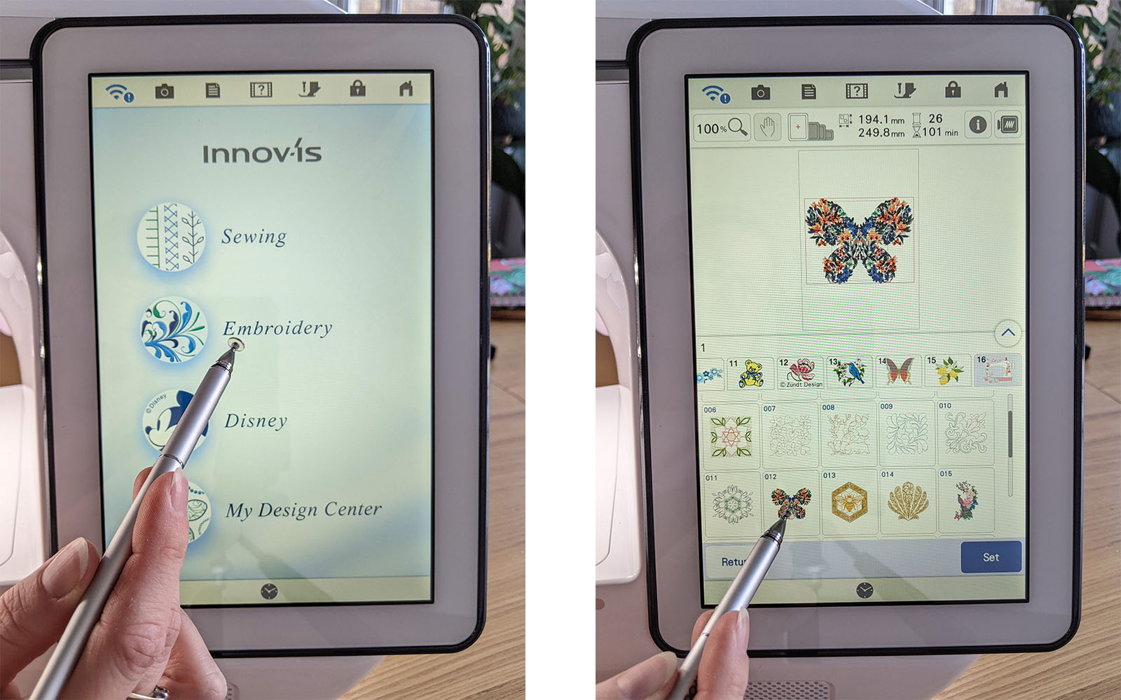 Hand with stylus choosing butterfly embroidery on Brother XP3 screen