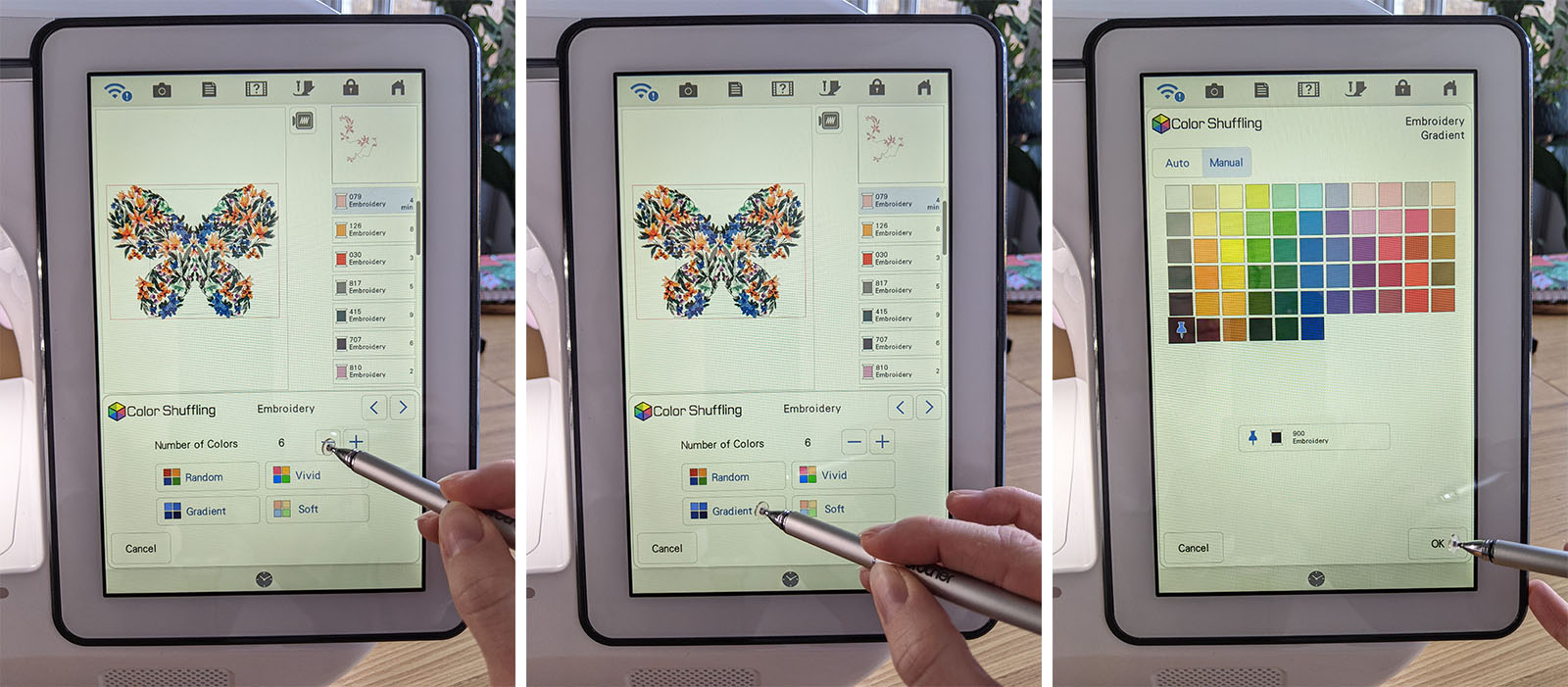 Hand with stylus choosing colour shuffle on Brother XP3 screen