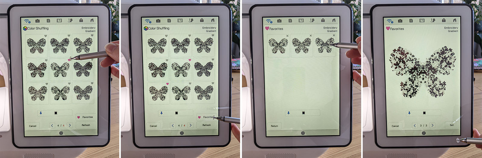 Changing embroidery colour with manual colour shuffle on XP3 screen