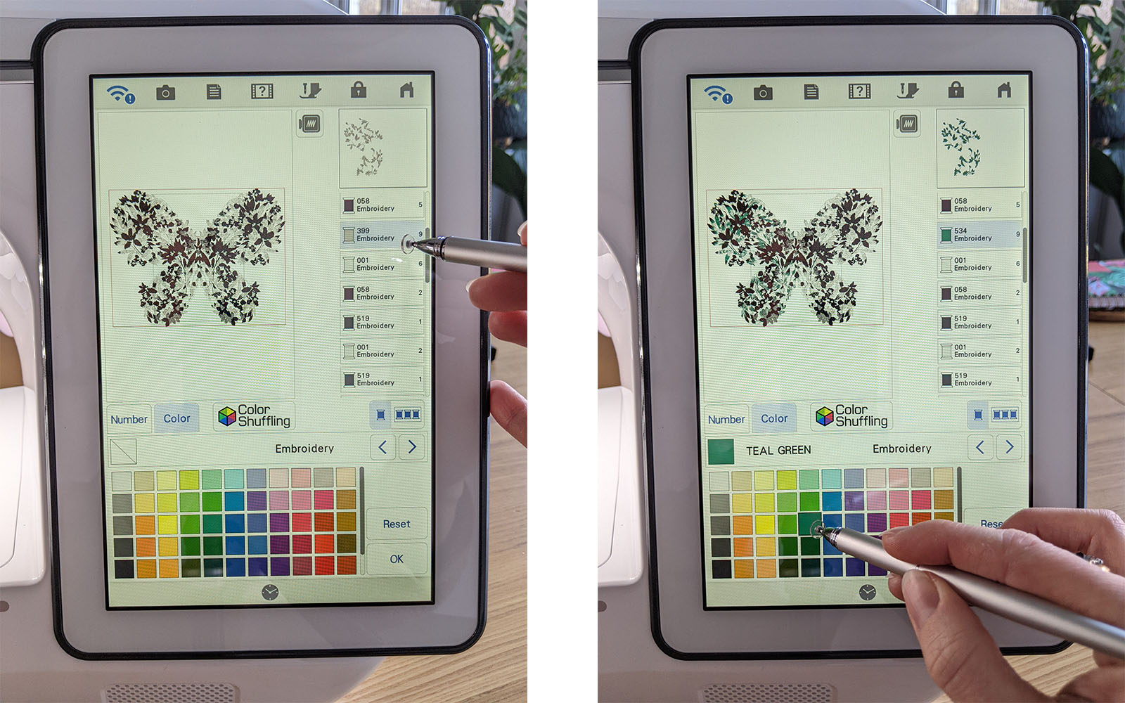 Changing embroidery colour with manual colour shuffle on XP3 screen