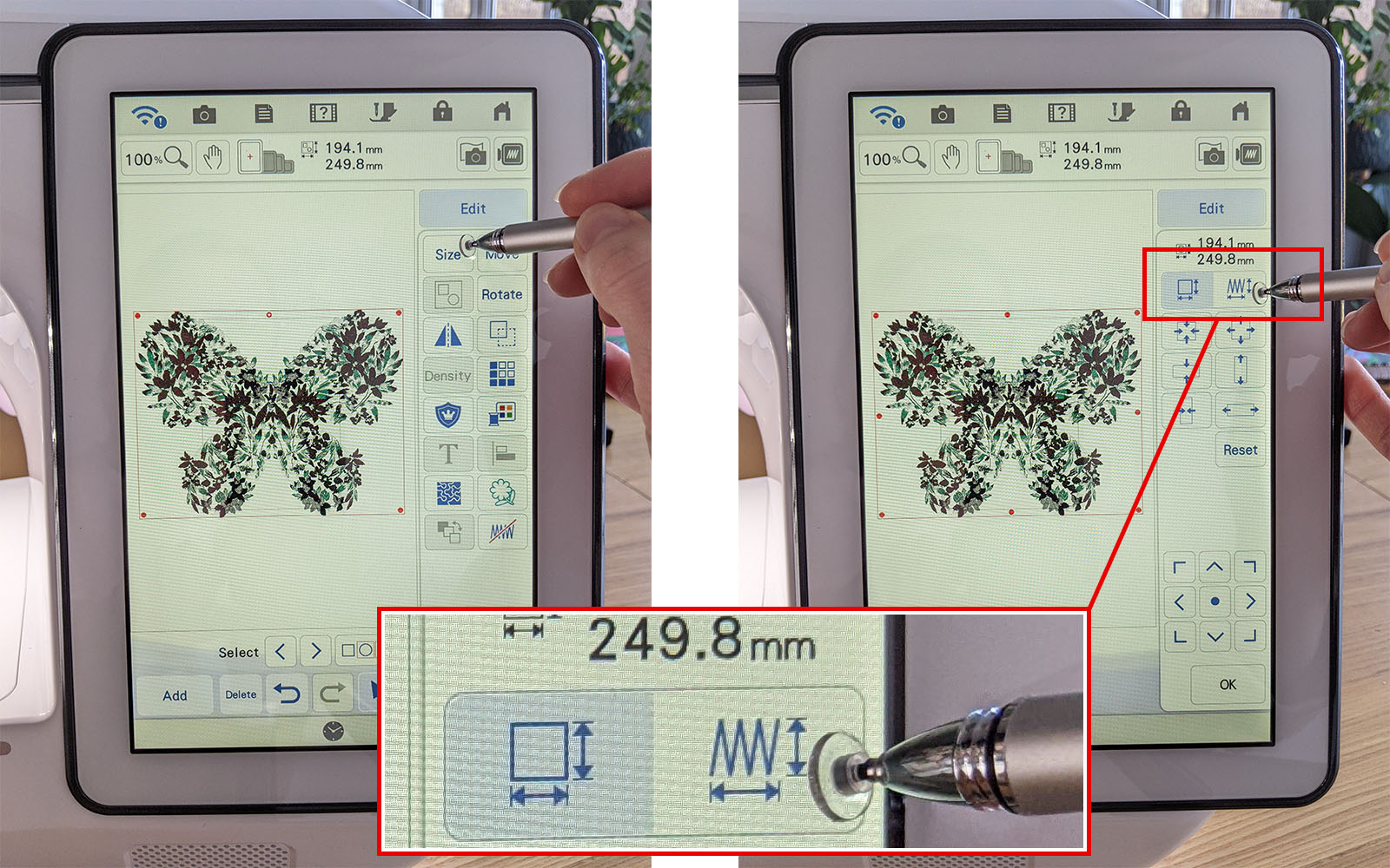 Resizing butterfly embroidery design on Brother XP3 screen