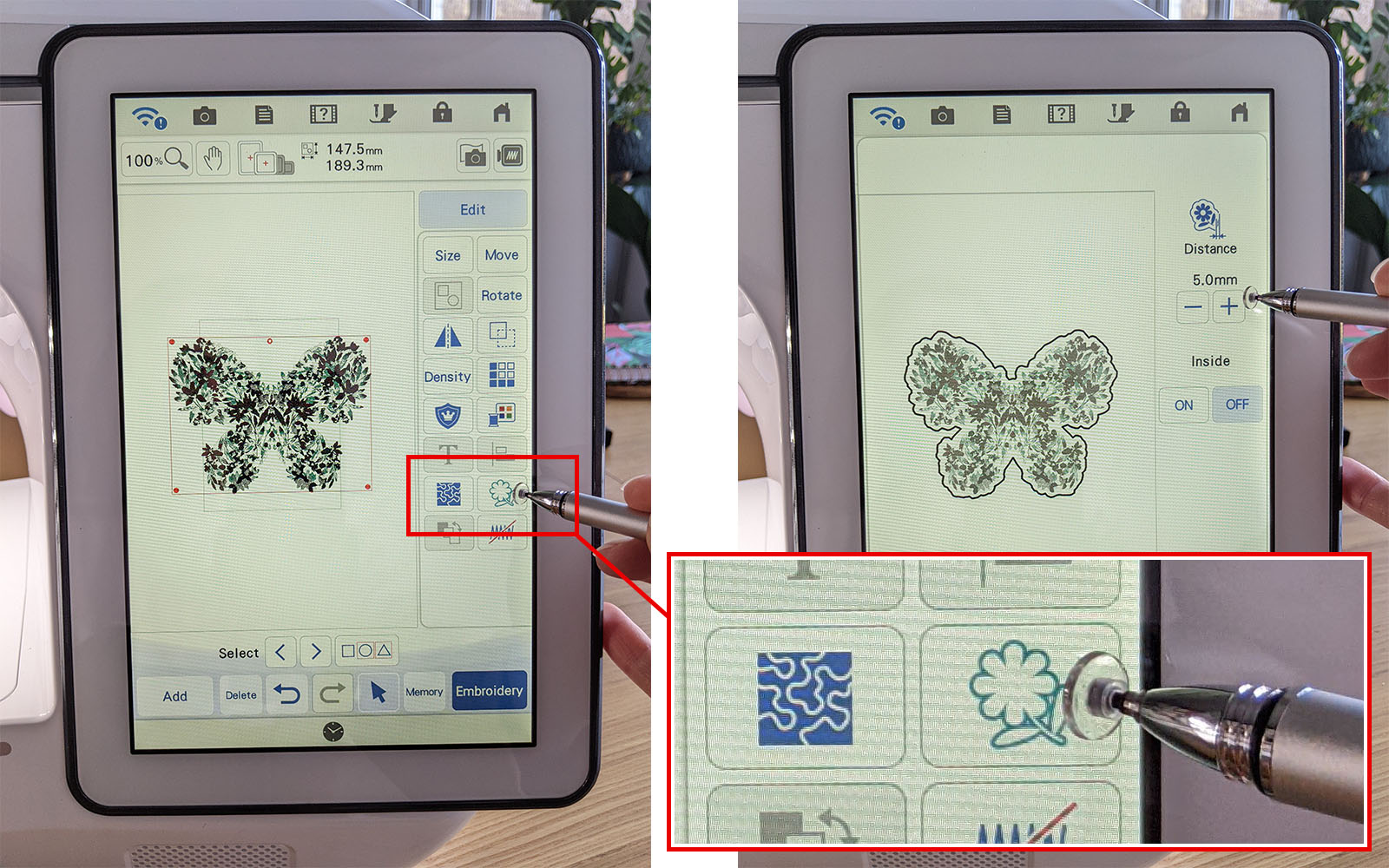 Adding outline to butterfly embroidery design on Brother XP3 screen