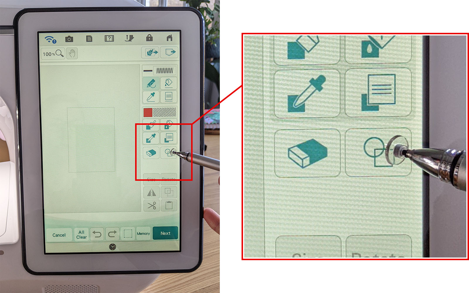 Hand with stylus pressing ‘shapes’ button on Brother XP3 screen