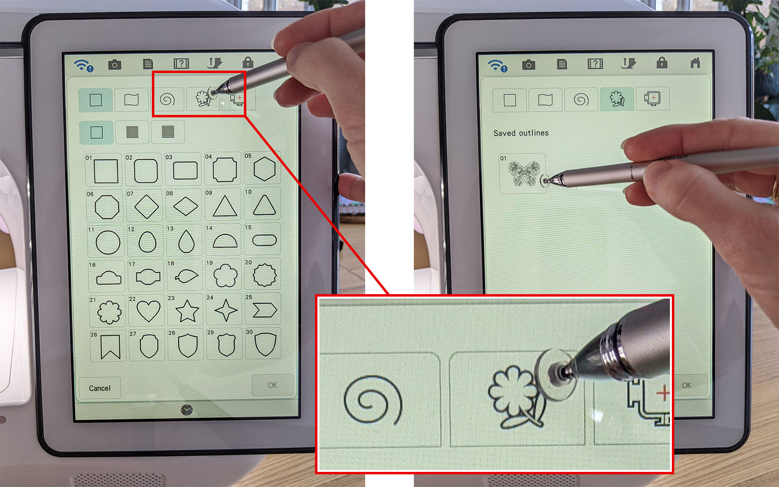 Pressing flower button in Brother My Design Center to add outline