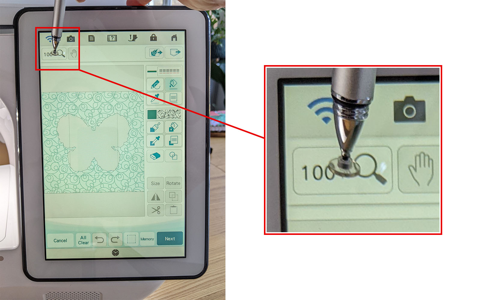 Using magnifying glass button to zoom in on XP3 screen