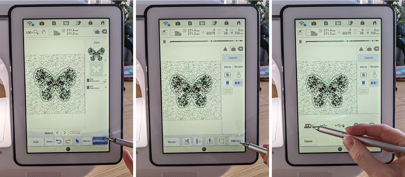 Pressing memory to save embroidery in My Design Center on XP3