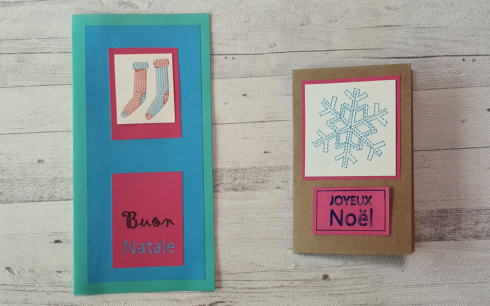 Green and blue christmas card with embroidered bits on white wood