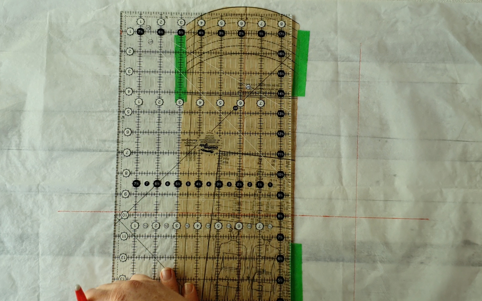 Quilters ruler on paper pattern piece