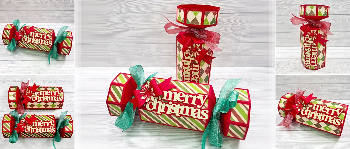 Crackers de Noël ScanNCut décorés de rubans.