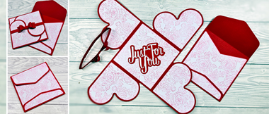 Carte de Saint-Valentin ou de mariage en papeterie créative réalisée avec la ScanNCut à cœurs imbriqués rouges et blancs