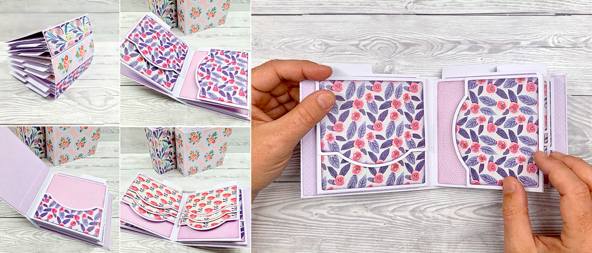 Les pages et l'extérieur du mini livre de souvenirs créés par Gentleman Crafter sur Brother ScanNCut.