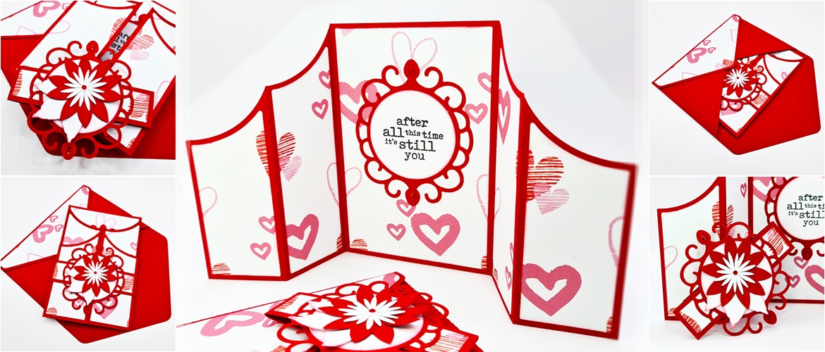 Carte de Saint-Valentin rouge et blanche ScanNCut avec des cœurs.