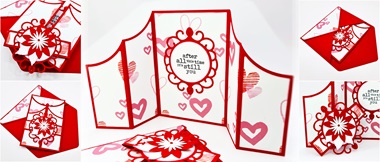 Carte de Saint-Valentin rouge et blanche ScanNCut avec des cœurs.