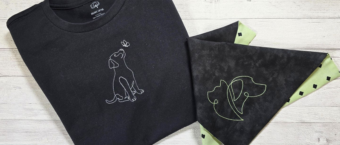 Silhouette de chien et de chat broderie machine en ligne sur t-shirt et bandana noirs.