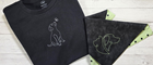 Dog and cat silhouette line machine embroidery on black t-shirt and bandana