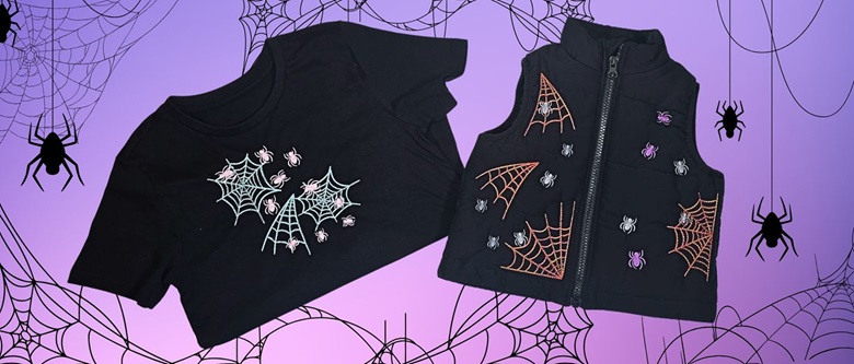 T-shirt et gilet noirs avec toile d'araignée et araignée brodées.