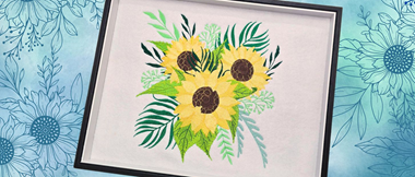 Gelbe gestickte Sonnenblumen auf blauem Hintergrund