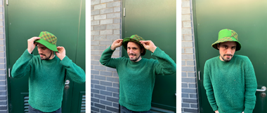 Raph modelliert seinen alternierenden Eimerhut.