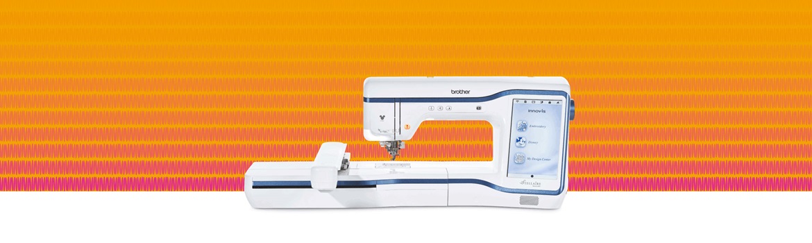 Stellaire XE1 embroidery machine on orange and pink background