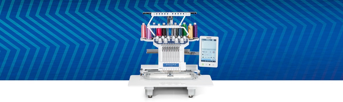 PR1055X embrodiery machine on blue zigzag background