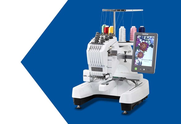 Brother PR680W embroidery machine on blue background