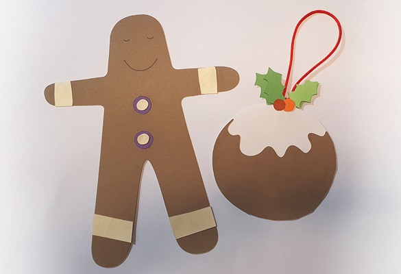 Paper gingerbread man and Christmas pudding ornaments