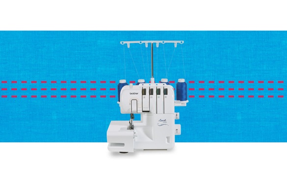2104D overlocker machine on a blue pattern background