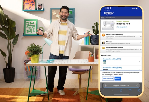 Man standing in craft room and Smartphone with brother support center