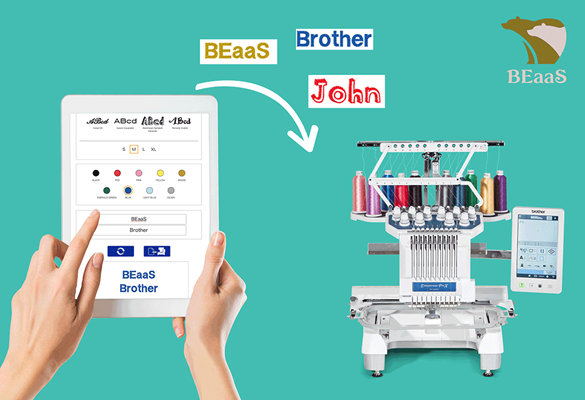 Ein Tablet, auf dem die BEaaS Name Designer App angezeigt wird. Sie tippen mit dem Finger auf den Bildschirm, um die Schriftarten und Farben für den Text anzupassen.