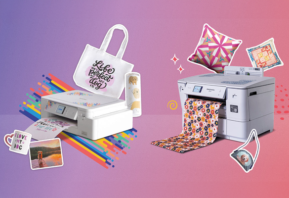 Two creative printers from Brother on a pink background with different print projects around.