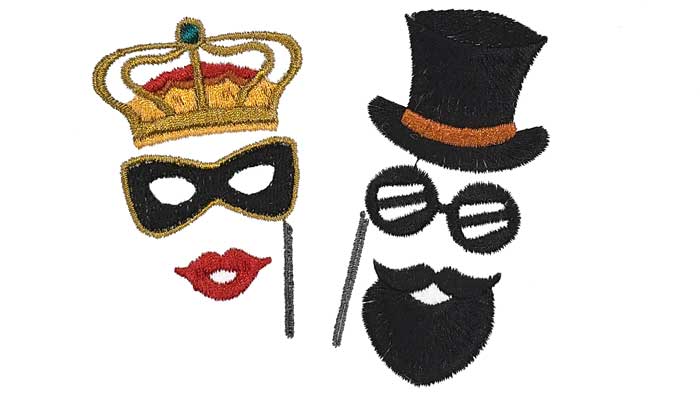 Woman crown and mask and man top hat mask embroidery