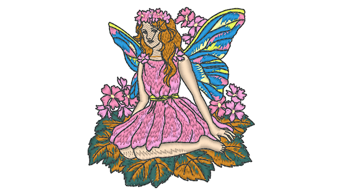 Embroidery pattern of fairy in pink dress sitting on a leaf