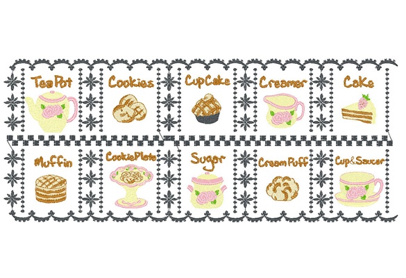 Embroidery runner design with teapots, cookies and muffins