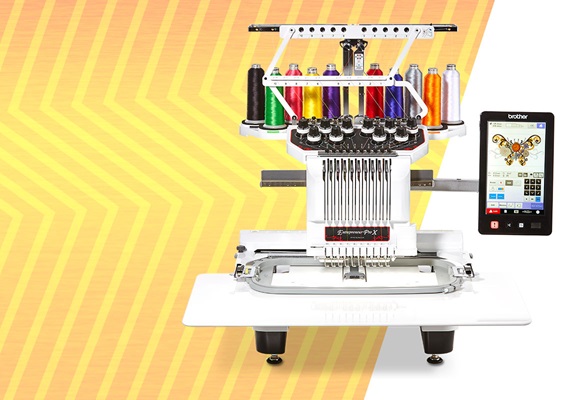 PR1050X-borduurmachine tegen gele zigzag-achtergrond