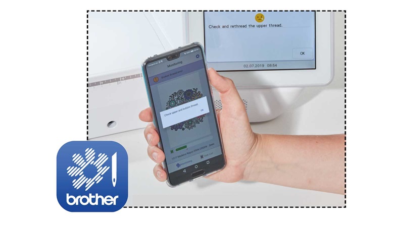 Smartphone vasthouden met My Stitch Monitor-app met melding