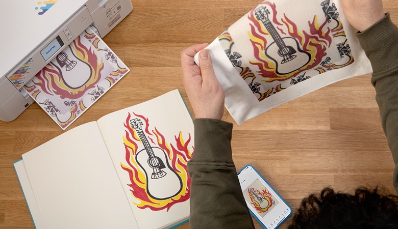 hand drawn sublimated flaming guitar design