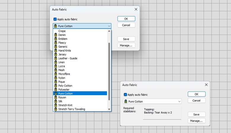 Close-up of settings menu for the feature in Brother BE EmbroideryStudio.