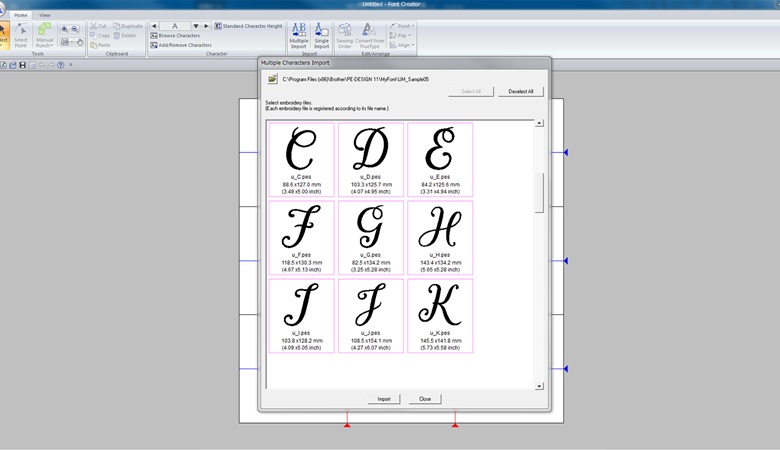 User interface displaying a variety of embroidery and stitch design options.