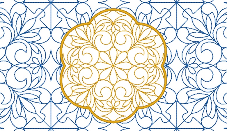 Vue rapprochée d’un motif en fils bleus et dorés.
