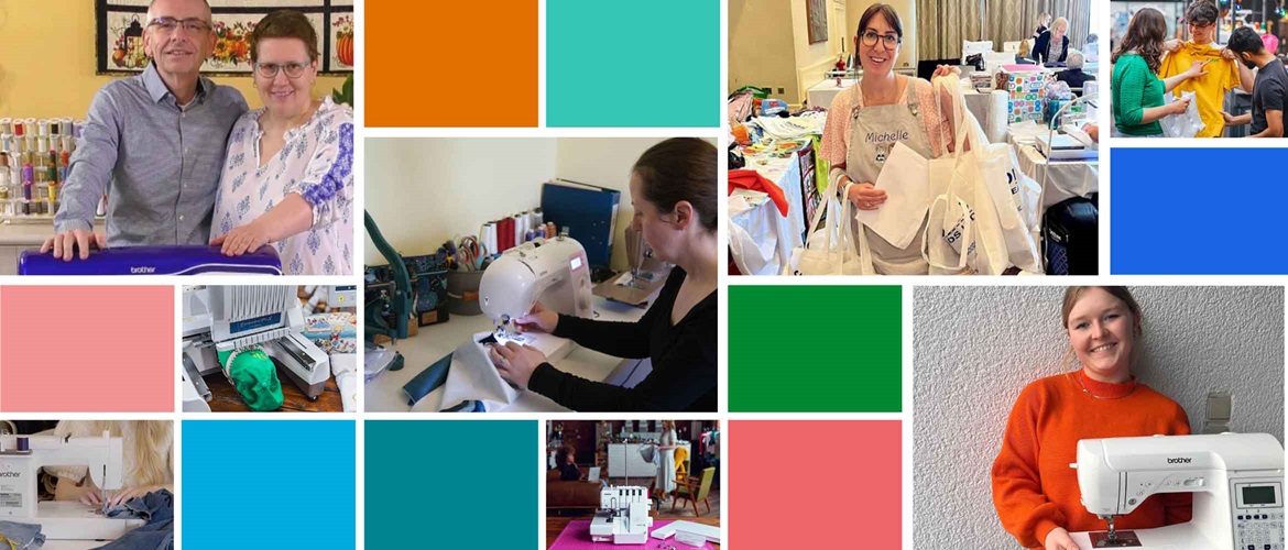 Collage van partners die machines en gereedschap van Brother gebruiken voor creatieve creatieve projecten.