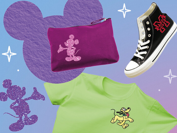Three Disney Artspira embroidery and cutting projects on a purple background