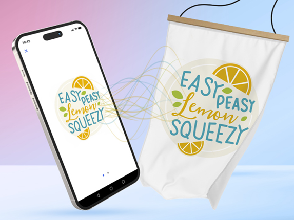 A mobile phone showing printing design on the screen and a printed fabric to the side
