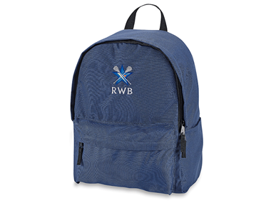 Navy backpack with RWB logo embroidered on it