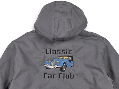 Grey hoodie embroidered on back with Classic Car Club logo