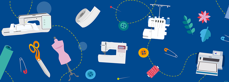Animated craft tools, including scissors and thread spools, set against a blue background