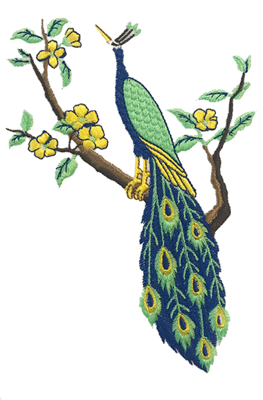  Blauer und grüner Pfau, der auf Zweigstickmuster sitzt