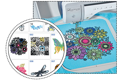 Colourful flower embroidery on blue fabric in XP1 machine